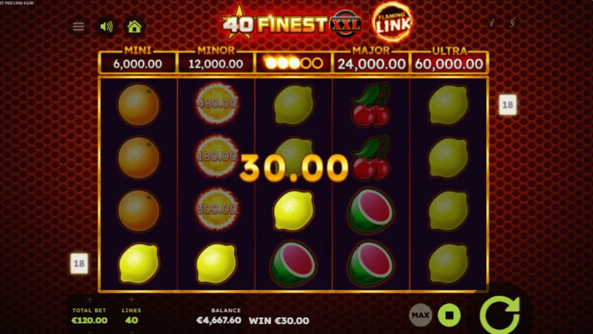 Tampilan visual slot 40 Finest XXL Flaming Link dengan simbol buah neon dan api