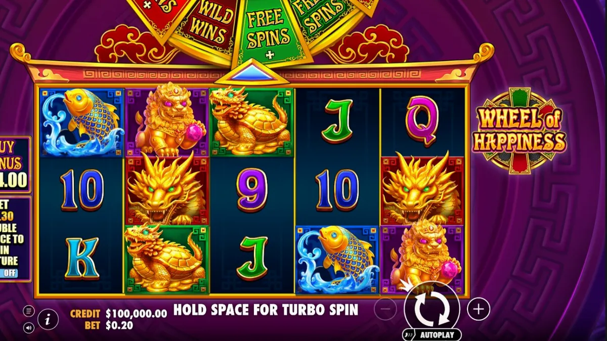 Tampilan visual slot Wheel of Happiness dengan simbol naga emas dan latar belakang oriental.