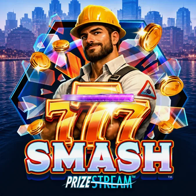 Tampilan visual slot 777 Smash dengan tema konstruksi dan bola penghancur